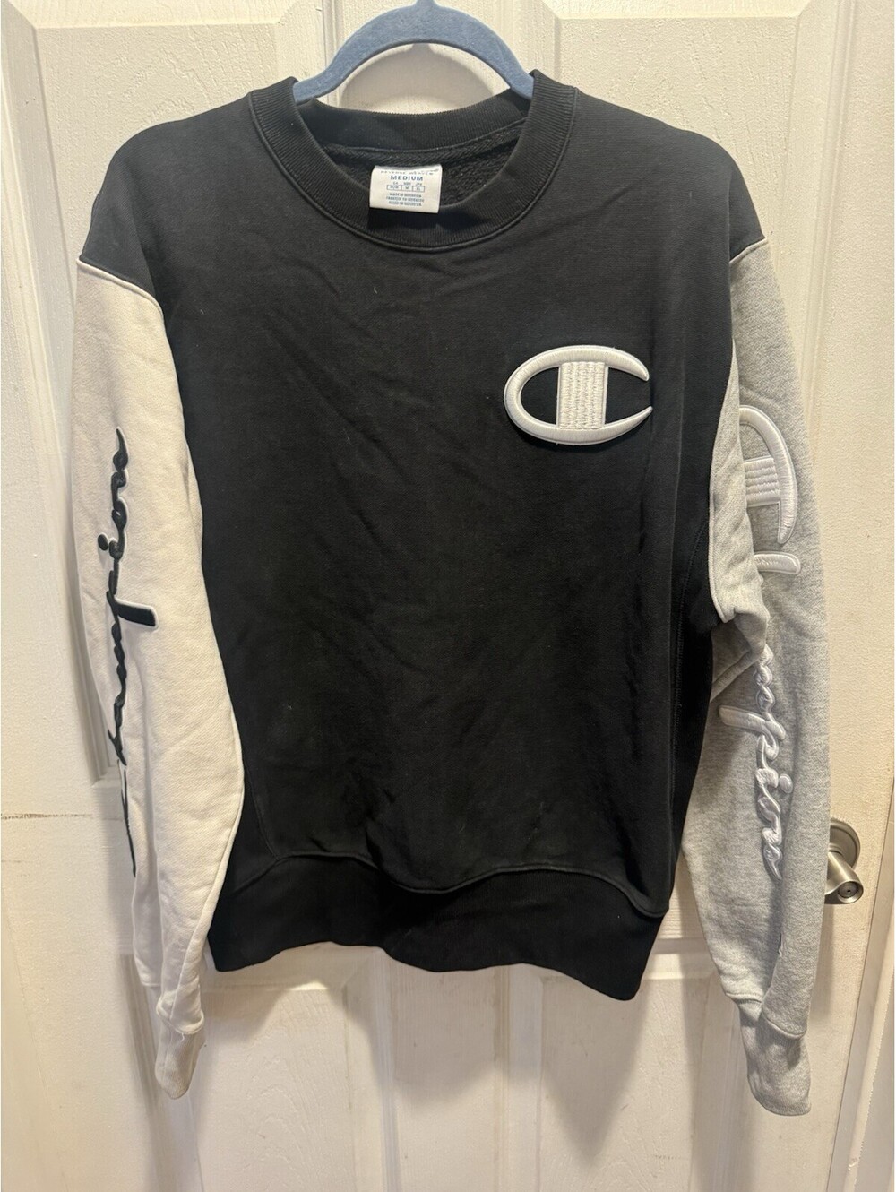 Champion Reverse Weave Split Tri Color  Spellout Sweatshirt Large Men's